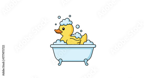 Adorable yellow rubber ducky enjoying a bubble bath in a light blue tub, perfect for kids' products or promoting bath time fun
