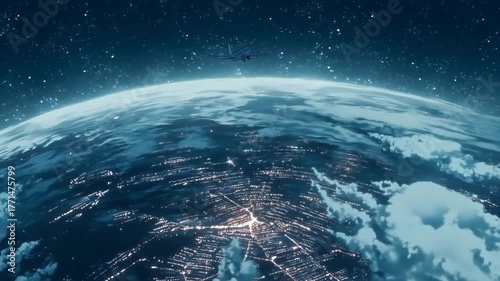 Animated aerial view of planet earth with aircraft at night