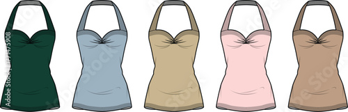 A Collection of Five Different Color Styles of Women's Halter Neck One-Piece Swimsuit Designs
