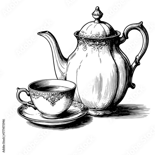 A porcelain teapot and a cup of tea or coffee, a black and white sketch. Vector illustration. Tea ceremony, isolated drawing on a white background. Coffee house