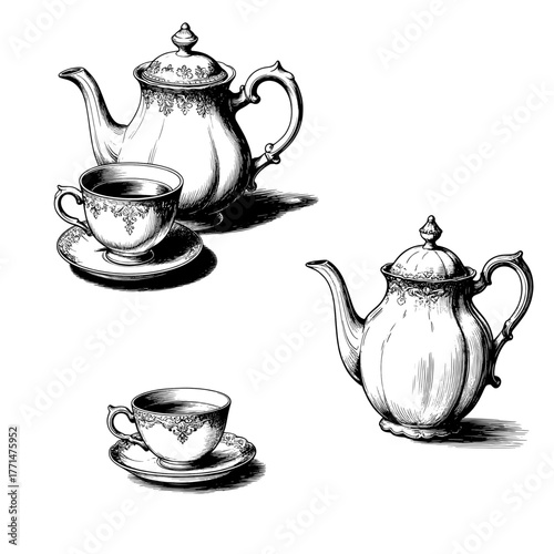 A porcelain teapot and a cup of tea or coffee, a black and white sketch. Vector illustration. The set is isolated on a white background. Coffee shop, tea ceremony,