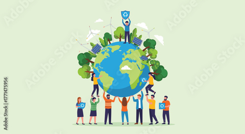 Diverse team collaborating for vibrant sustainable world with wind turbines and solar panels on Earth for eco friendly future focus