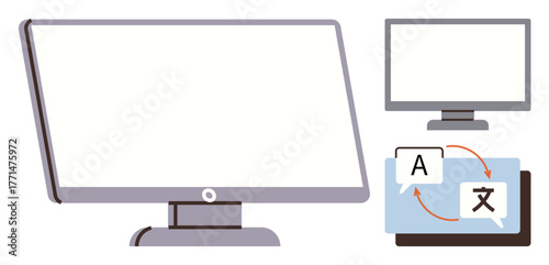 Desktop monitor beside translation icons of speech bubbles with arrows. Ideal for communication, technology, language learning, globalization, education, software, content creation. Simple flat