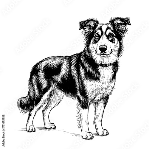 A sketch of a shepherd dog, a simple pencil drawing. Digital illustration. A pedigreed dog runs, the drawing is isolated on a white background