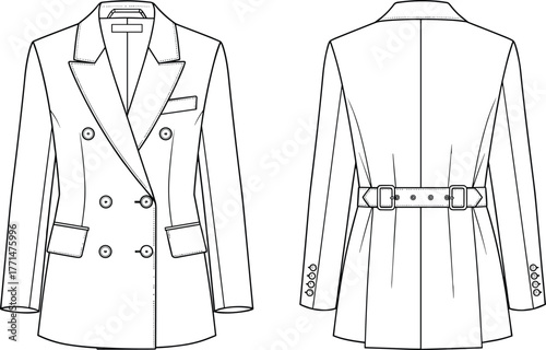 Double breasted blazer sketch, tailored jacket flat drawing, fashion technical illustration, menswear coat design, vector apparel template, cad drawing flat vector illustration