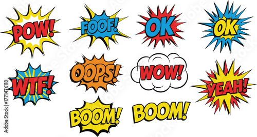 Comic sound effect text, pop art explosion, retro cartoon bubble, colorful action words, boom pow wow, vector illustration, cad drawing flat vector illustration