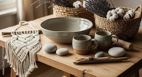 Boho chic home decor featuring rustic wooden table, handmade macrame, stoneware bowl, mugs, and lavender accents creating calm and cozy atmosphere