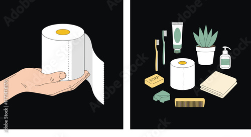 Bathroom essentials still life, fresh soap, soft towels, and clean hygiene items arranged for a modern, minimalist lifestyle aesthetic