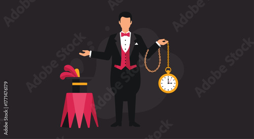 Elegant magician with his magic hat and gold watch, perfect for entertainment industry projects or adding a touch of classic charm to your designs