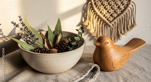 Elegant rustic home decor with wooden bird and calming botanical bowl, perfect for creating a serene and inviting atmosphere in any living space