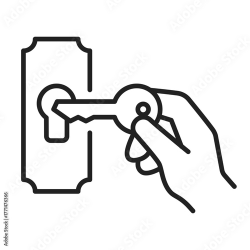 Hand turning key in lock icon, minimal line style