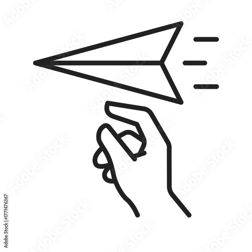 Hand throwing paper airplane icon, minimal line style