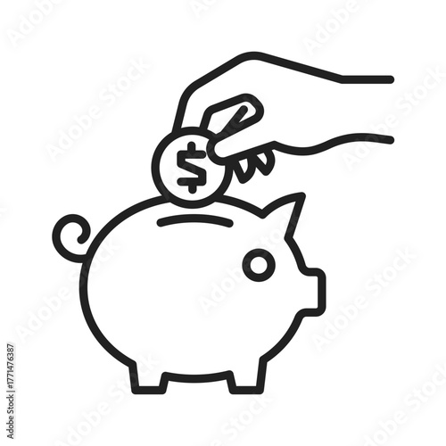 Hand placing coin into piggy bank icon, minimal line style