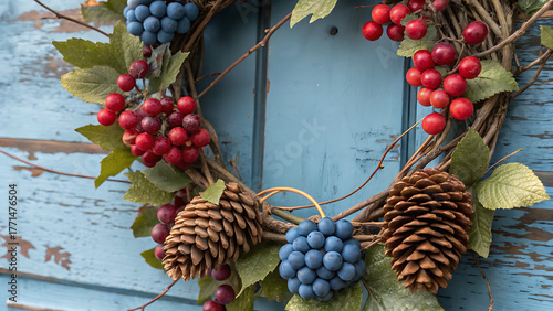 Rustic autumn wreath with grapes pinecones and berries on blue wood