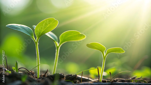 Three young green seedlings growing in sunlight with soft focus background