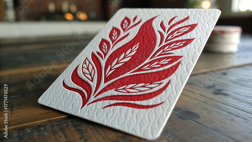 Close up of a decorative tile with a red floral pattern on a wooden surface