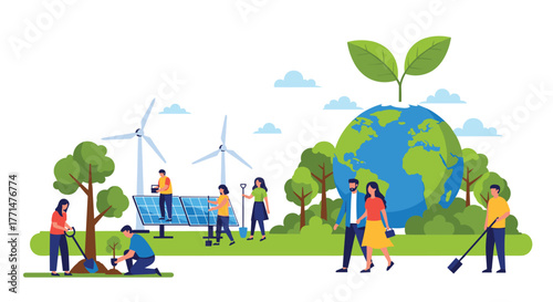 Supporting a sustainable future with renewable energy and reforestation, people planting trees and installing solar panels for a greener world