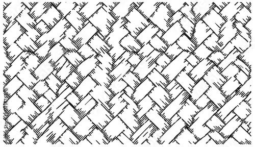  A black-and-white illustration of a woven pattern with interlaced strips and textured lines. Ideal for fabric design, flooring, graphic art, or decorative layouts in stock collections.