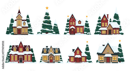 Charming snow covered houses with glowing windows create a cozy holiday village scene perfect for winter greetings and seasonal designs