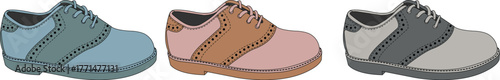 Three saddle shoes in different colors, a classic style for men, women, and children, perfect for casual wear and sports