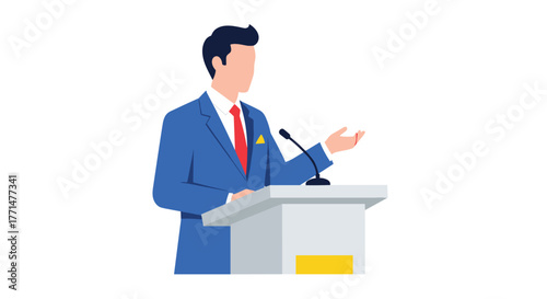 Dynamic speaker presenting at podium with confidence for business conference or political rally using modern illustration style design