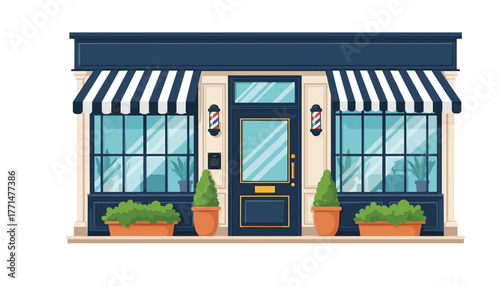 Stylish barber shop facade with striped awning and elegant decor, perfect for branding, advertising, or illustrating local businesses
