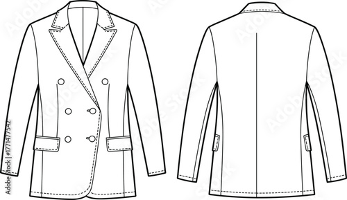 Fashion flat sketch of double breasted blazer jacket front and back view, formal women coat design template, vector apparel illustration