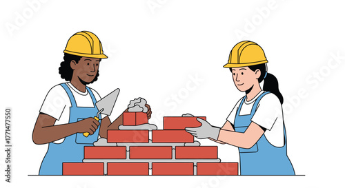 Skilled women building brick wall with precision, construction workers collaborating, showcasing teamwork and determination in building industry