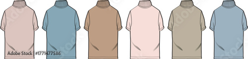 Collection of stylish, minimalist, solid color turtleneck t-shirts in various hues for fashion apparel