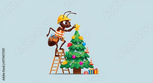 An anthropomorphic ant, clad in work attire, decorates a Christmas tree with construction tools and ornaments