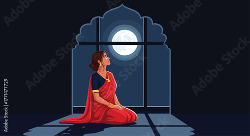 Dreamy illustration of a woman in a sari gazing at the moon through an ornate window, perfect for spiritual or cultural themes