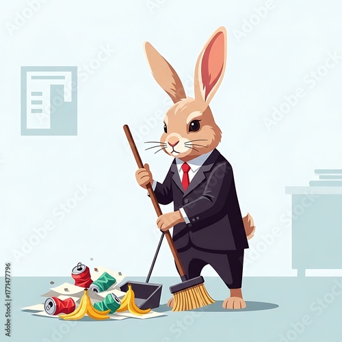 An anthropomorphic bunny in a suit sweeps up trash in an office.  Includes banana peels, paper and cans