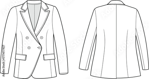 Double breasted blazer fashion flat sketch, tailored jacket vector template, front and back garment outline, formal clothing design illustration, apparel mockup
