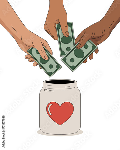 Illustrative Hands of Diverse Donors Contributing Money to a Charity Jar with a Heart Symbol