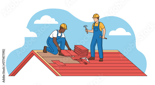 Professional roofers installing new tiles on a residential home under a blue sky, teamwork and construction expertise for home improvement projects
