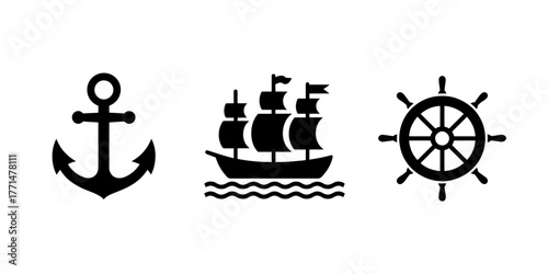 Nautical Icons Set Featuring Anchor Sailing Ship and Ship Wheel in Black and White Minimalist Design