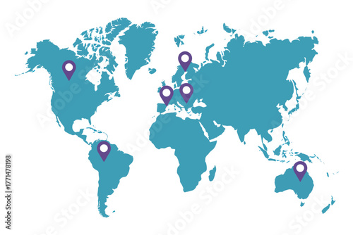 World map illustration with location pins highlighting global presence and international network for business or travel planning and geographical distribution