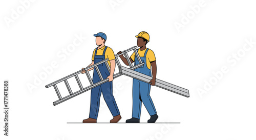 Reliable construction workers carrying ladders, ready for any job needed for your business, ensuring safety and efficiency on every project