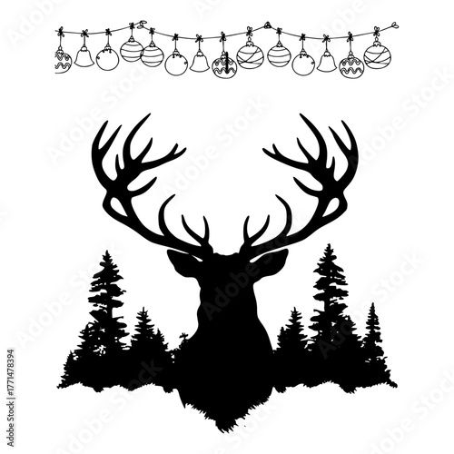 Holiday Deer Silhouette: A captivating black silhouette of a majestic deer stands proudly, its impressive antlers rising above a dense evergreen forest, and holiday ornaments suspended above.