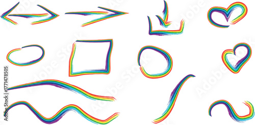 Rainbow Colored Brush Stroke Vector Graphics with Arrows Hearts and Shapes Collection