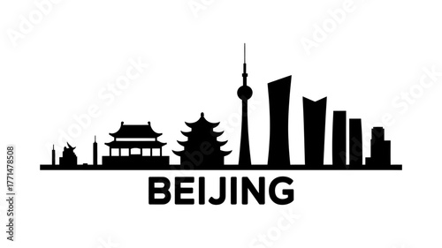 Striking Black and White Silhouette of Beijing Skyline Iconic Landmarks and Cultural Heritage