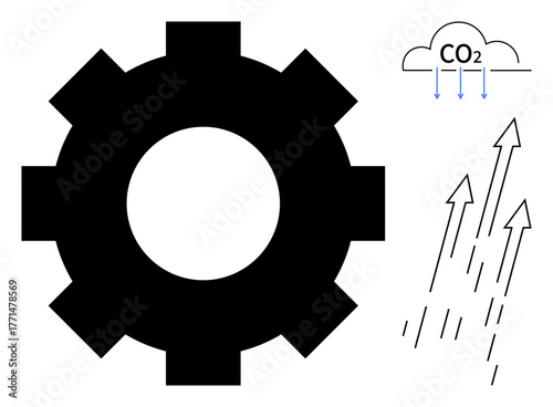 Black gear symbolizes industry, arrows indicate upward motion of carbon dioxide emissions to the atmosphere. Ideal for sustainability, ecology, technology, innovation, climate change, energy