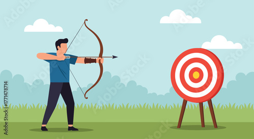 Aiming for success with focus and determination, archer targets goals outdoors under bright sky, symbolizing precision and strategic planning