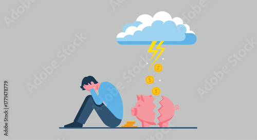 Financial crisis hitting hard: Sad person with broken piggy bank under stormy cloud conveys economic anxiety and investment loss