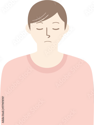 Depressed young man feeling sadness with eyes closed wearing a simple sweater in pale colors