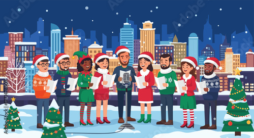 Charming carolers singing Christmas songs under the falling snow in the city, spreading holiday cheer and joy with vintage microphone