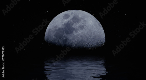 Serene moonlit night over calm water with stars.