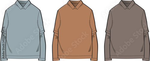 Set of technical flat sketches showing a long sleeve collared sweatshirt with layered sleeve detail. Vector fashion illustration template in multiple colorways for apparel design and mockups