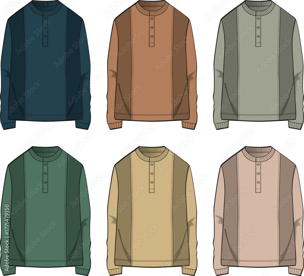 Naklejka premium Colorful Assortment of Henley Shirts in Various Tones for Fashion Design and Apparel