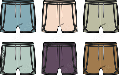Collection of six comfortable athletic shorts in various pastel colors, ideal for sports and leisure activities